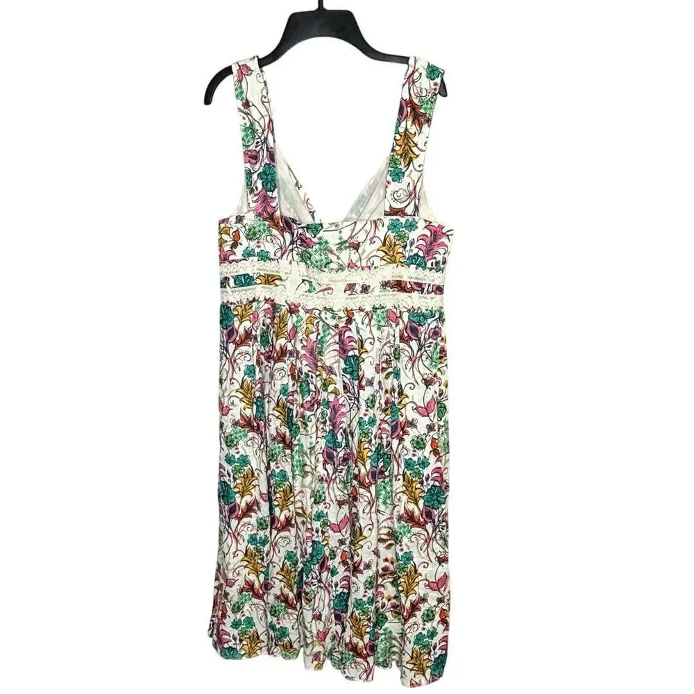 Sundance 100% Linen Girly Lace Floral Bright Fun Preppy Cottage Dress Size 12